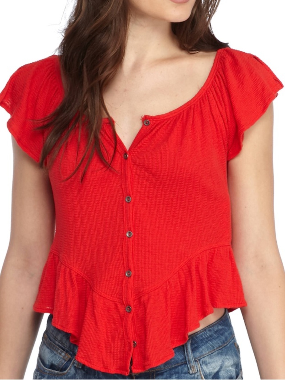 We The Free - Mint Julep Top - Cherry Red - Button-Front Ruffle Sleeve Top - Picture 6 of 6